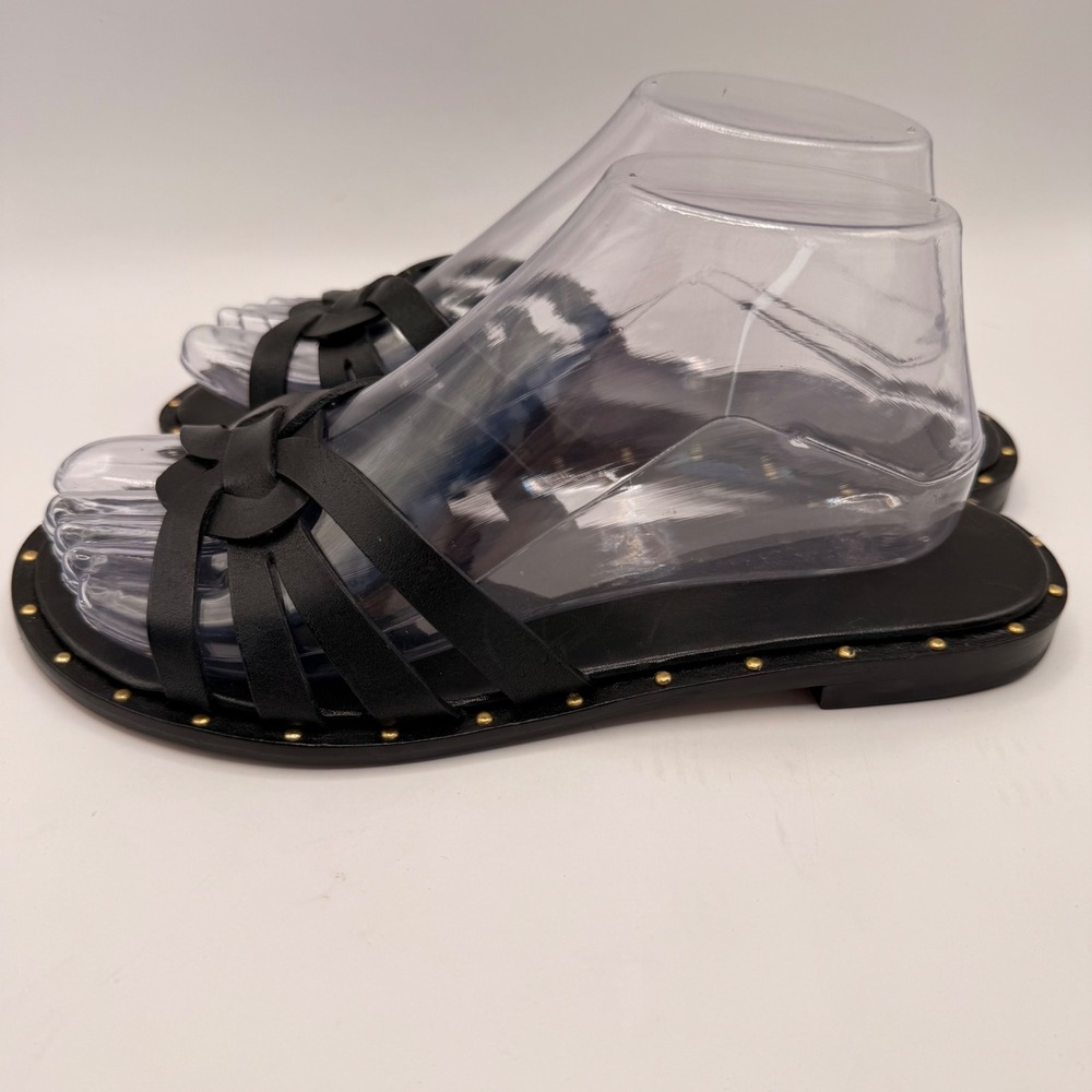 Schutz Black Leather Caged Studded Flat Sandals Size 7.5B Made in Brazil